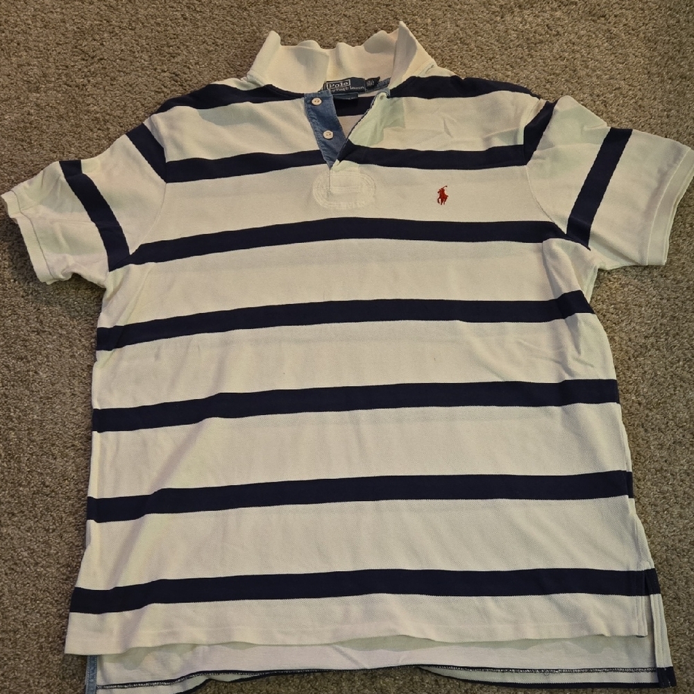 Polo by Ralph Lauren Men's White and Navy Striped Polo